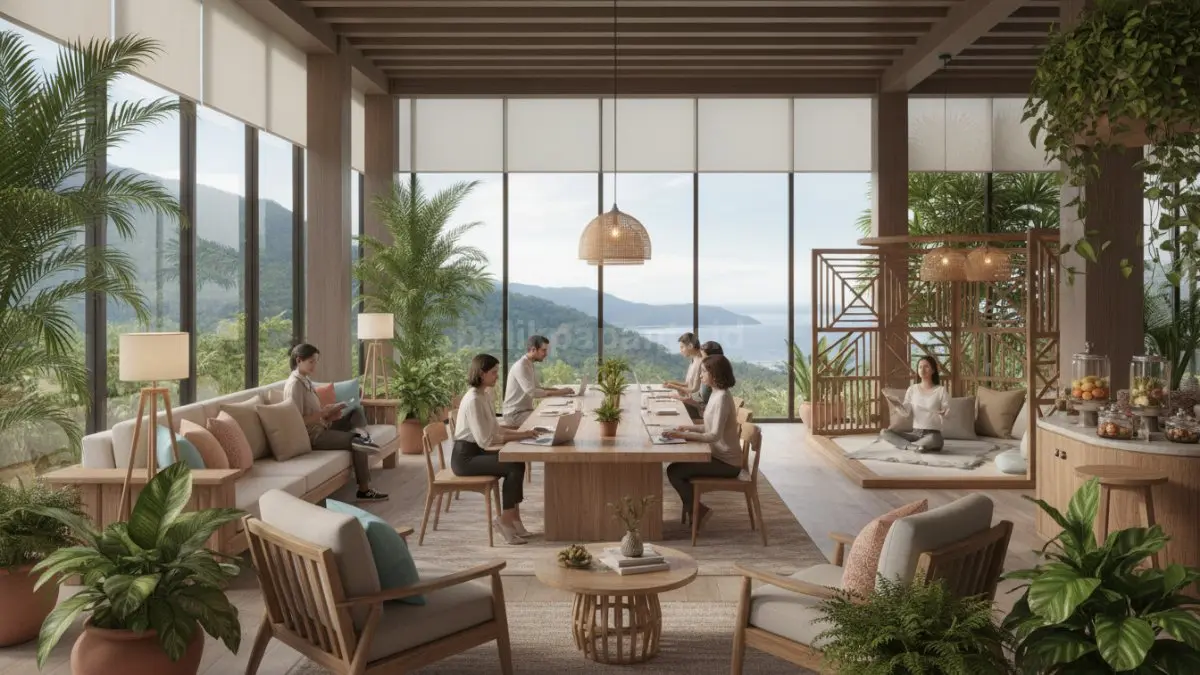 Ruang komunal hotel 2026 dirancang nyaman untuk bekerja, bersantai, dan healing dengan suasana modern fleksibel.