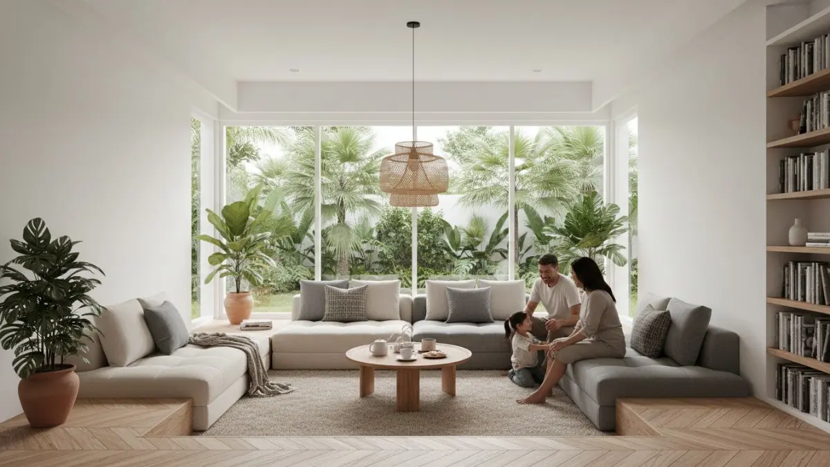 Ruang tamu cekung modern dengan sofa hangat dan pencahayaan natural yang cozy. (BTV/Ai)