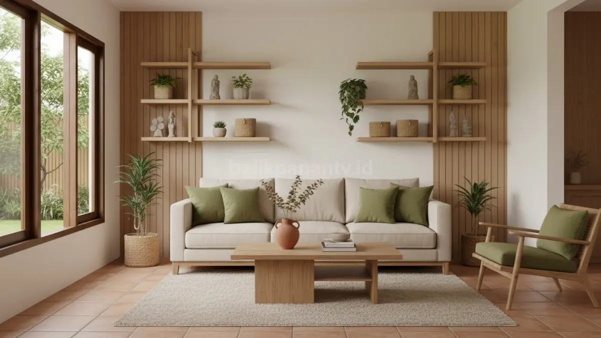 Ruang tamu earth tone modern dengan sofa beige dan dekor kayu natural yang bikin rumah terasa adem (BTV/Ai)