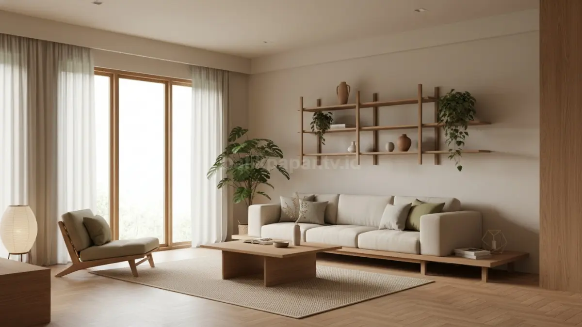 Ruang tamu Japandi modern bernuansa earth tone dengan desain minimalis yang terasa lega. (BTV/Ai)