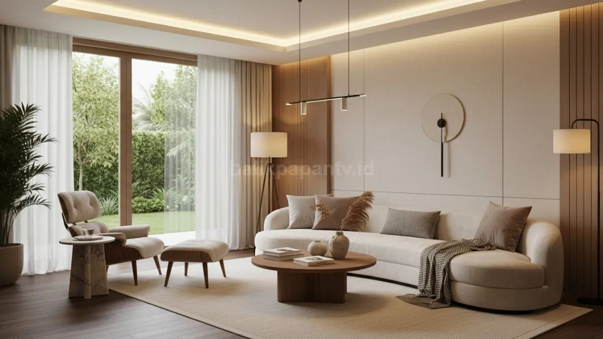 Ruang tamu quiet luxury dengan sofa melengkung warna cream dan pencahayaan warm light modern (BTV/Ai)