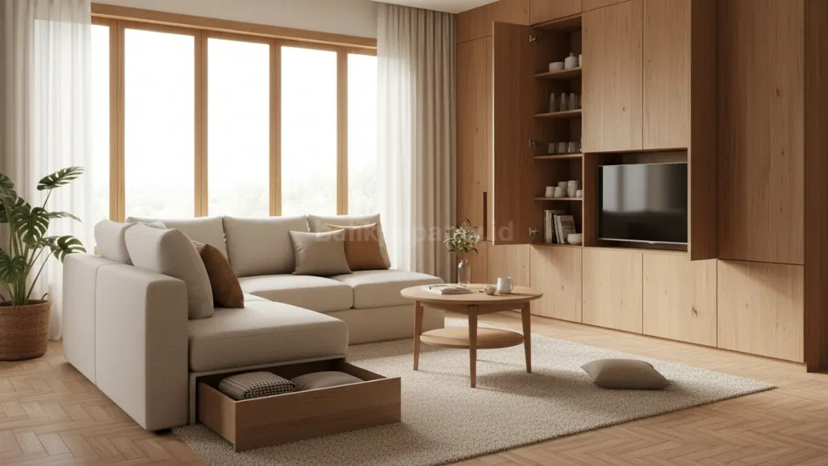  Ruang tamu rumah minimalis dengan sofa bed dan hidden storage bernuansa modern hangat (BTV/Ai)

