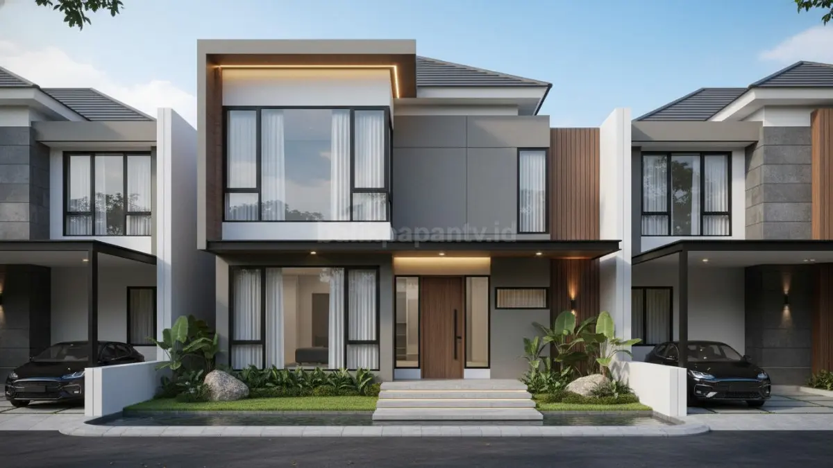 Rumah minimalis mewah dengan konsep clean lines dan material natural modern 2026. (BTV/Ai)