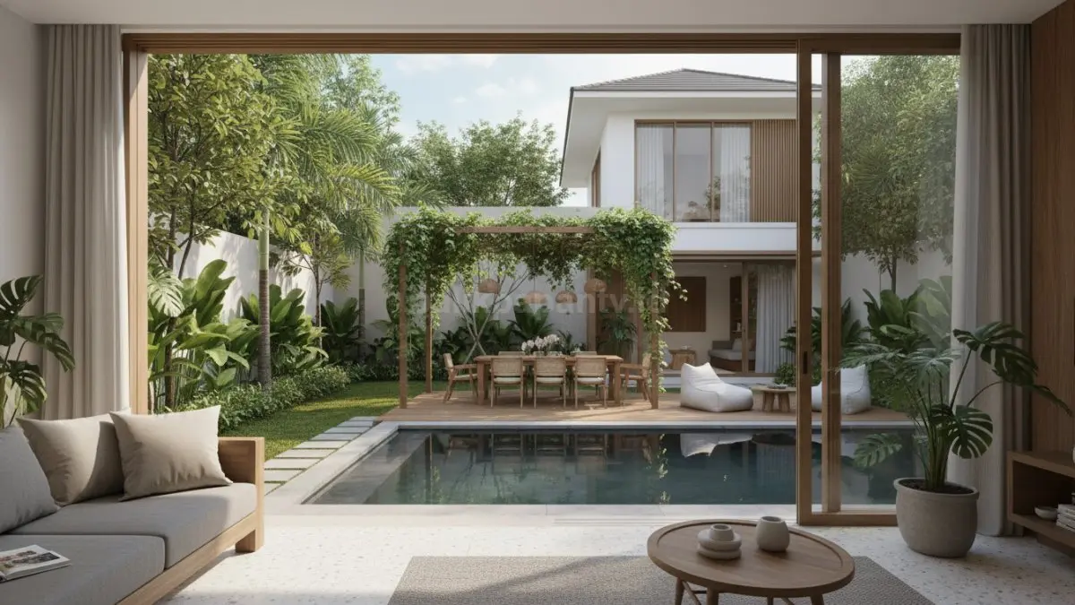 Rumah modern indoor-outdoor living dengan taman belakang menyatu ruang keluarga. (BTV/Ai)