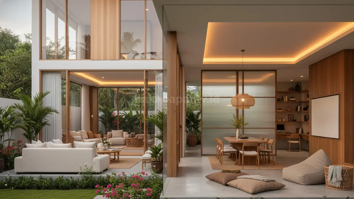 Rumah Santa Monica hadirkan dekorasi hangat, nyaman, dan tata ruang fleksibel untuk kebutuhan hidup modern 2026. (BTV/AI)