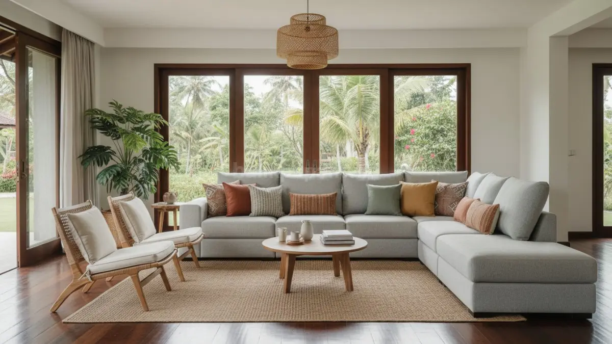 Sofa modular dan kursi santai membuat suasana hotel terasa rileks, hangat, dan lebih nyaman bersosialisasi.