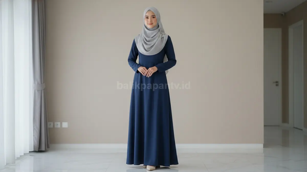 Style pashmina shimmer dipadukan dress polos untuk tampilan formal yang elegan dan modern.
