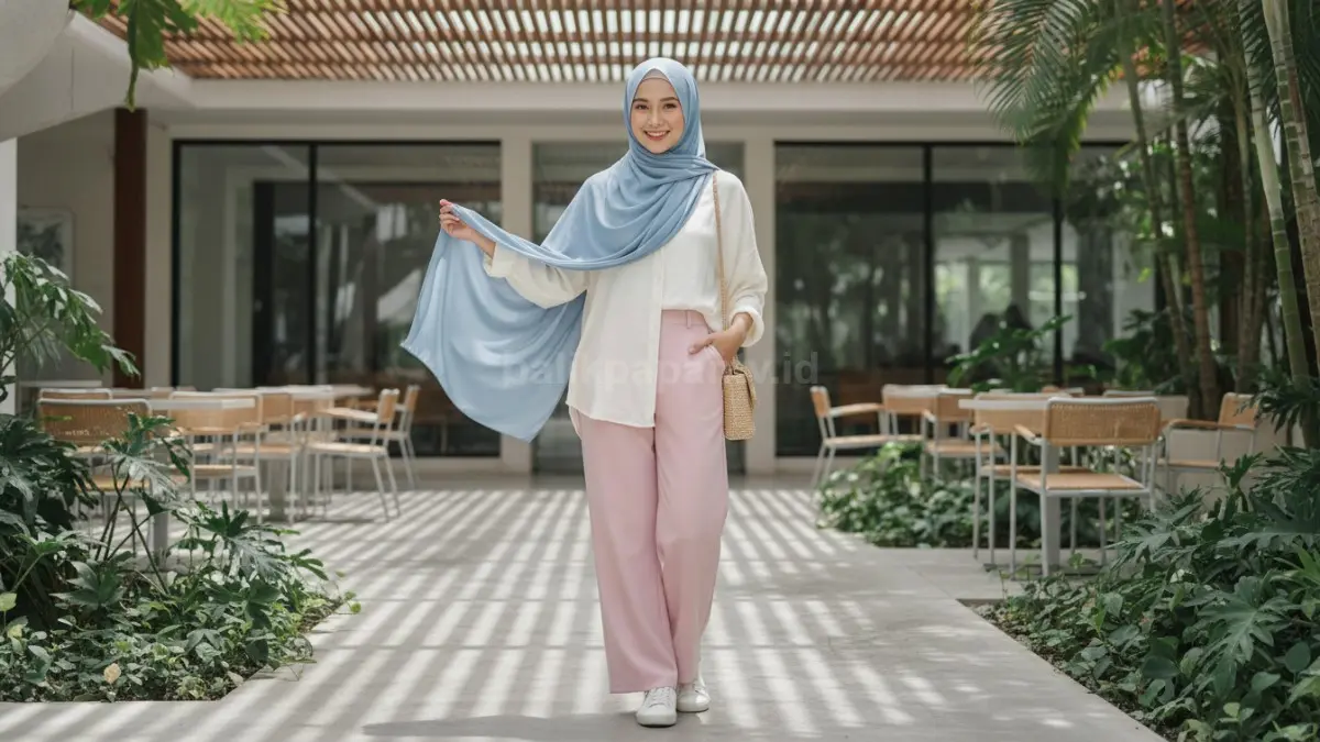 Style pashmina shimmer dipadukan dress polos untuk tampilan formal yang elegan dan modern.