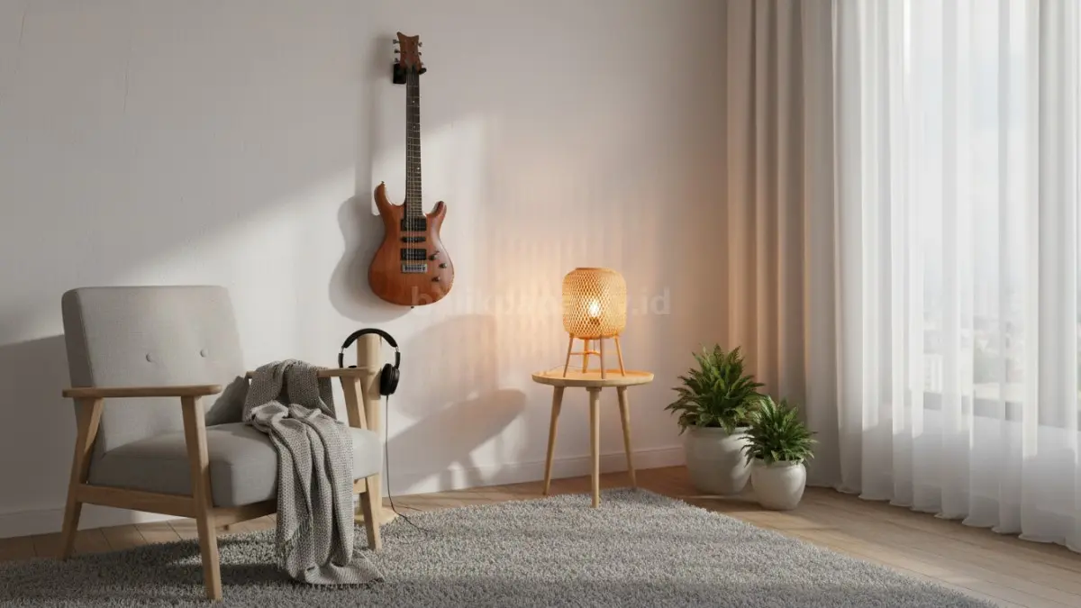 Sudut kamar minimalis dengan gitar gantung dan lampu hangat untuk area latihan musik rumahan
