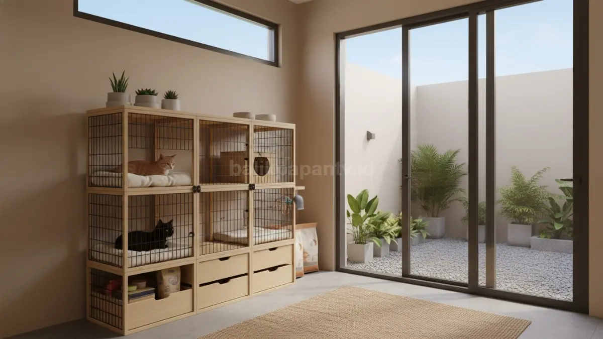Sudut rumah minimalis dengan kandang kucing tertata rapi dan perlengkapan tersimpan praktis
