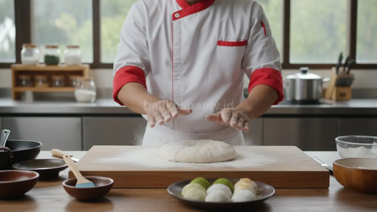 Taburkan maizena pada alas agar adonan mochi kada lengket saat mulai dibentuk rapi, Ces! (BTV/AI) 
