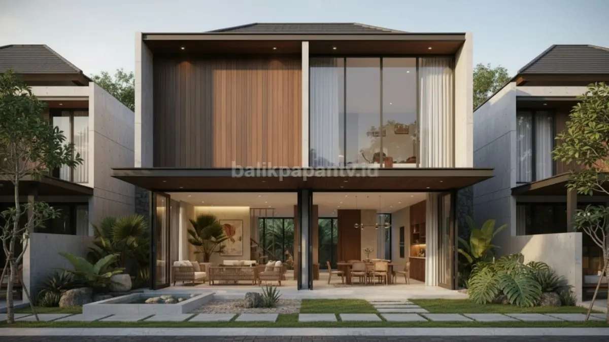 Taman indoor dan kolam refleksi kecil pada rumah minimalis mewah konsep resort 2026.. (BTV/Ai)