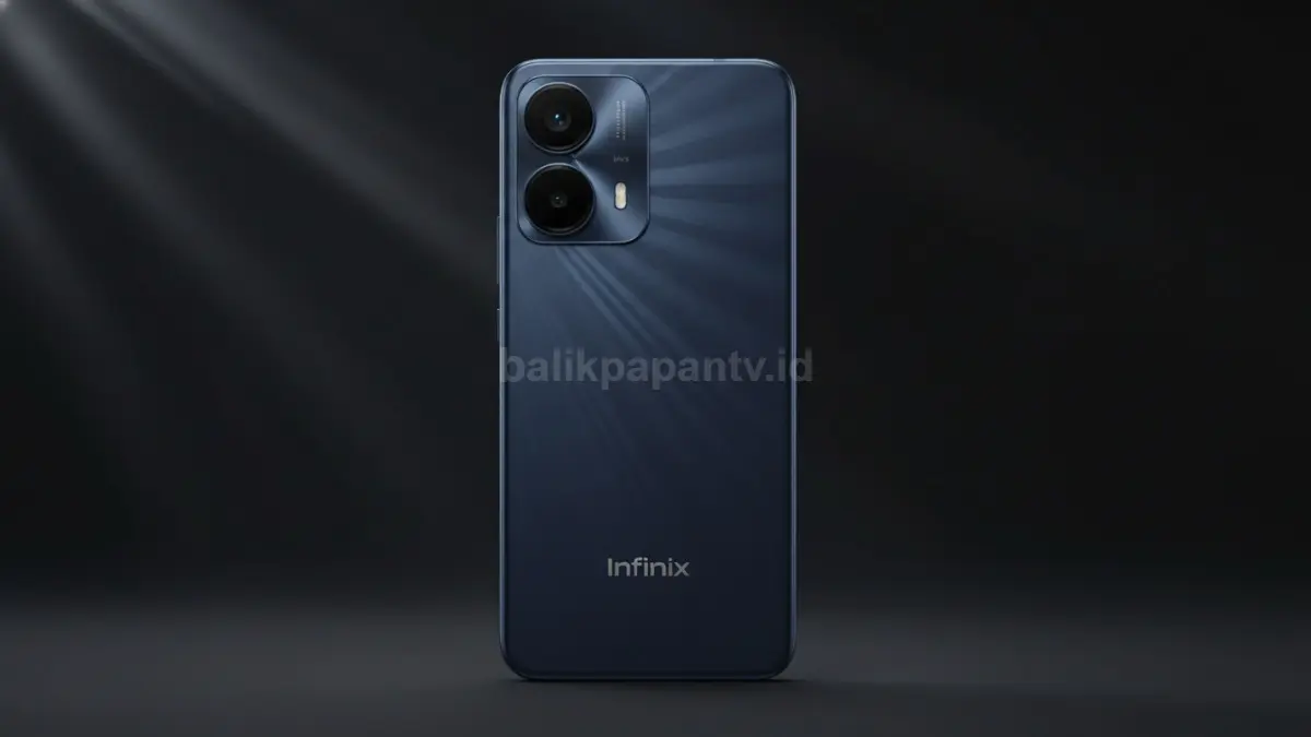 Tampilan belakang Infinix Hot 70 4G dengan motif halus dan LED flash kotak bergaya modern. (BTV/Ai)
