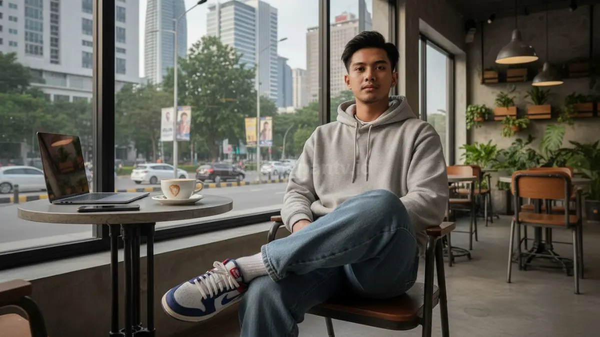 Anak muda memakai baggy jeans dan sneakers retro saat nongkrong di coffee shop modern 2026  (BTV/AI) 
 
