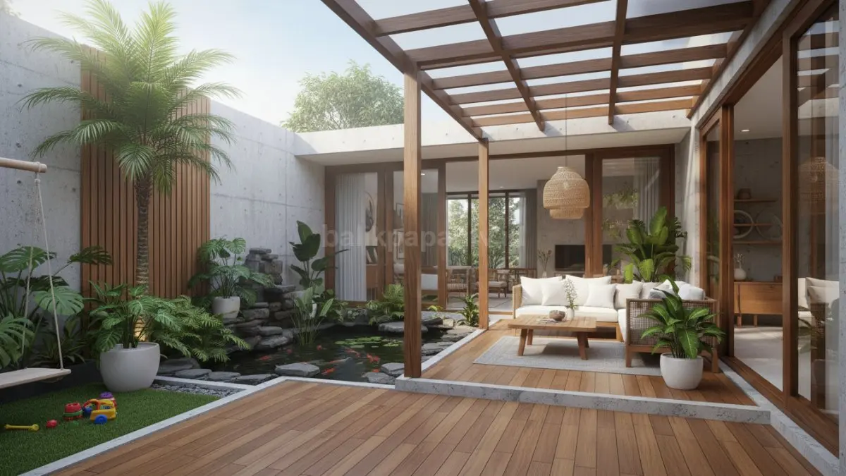 Area courtyard minimalis dengan tanaman tropis dan pencahayaan alami untuk rumah perkotaan. (BTV/Ai)