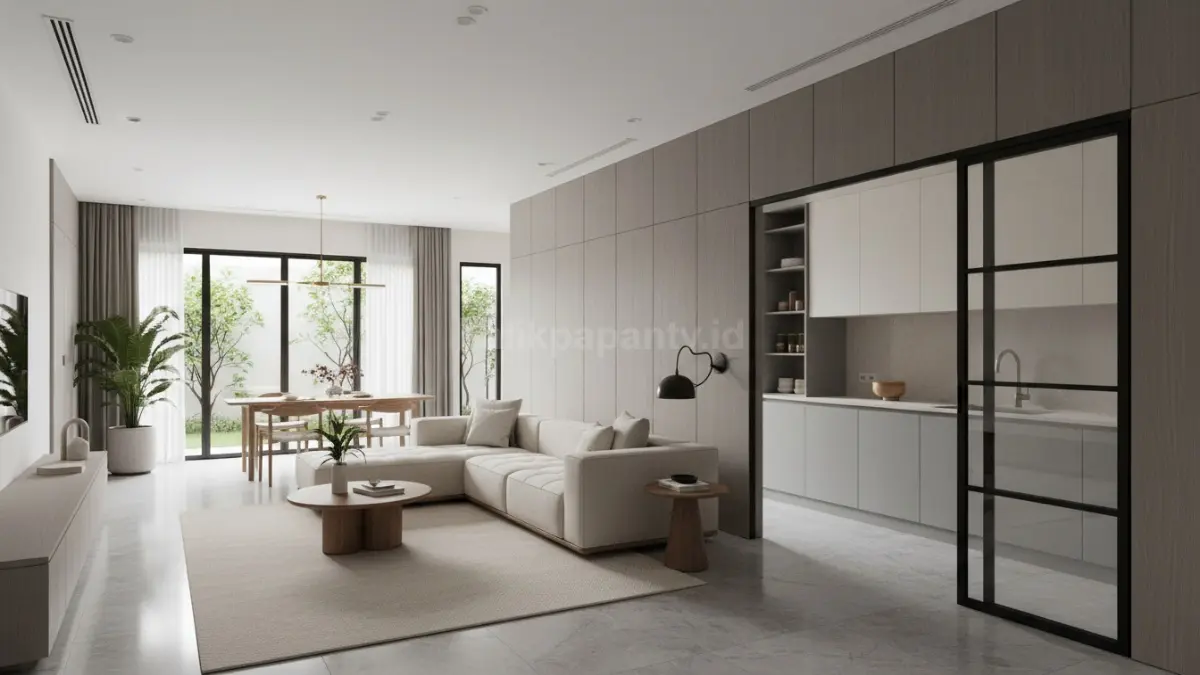 Area dapur tersembunyi memakai panel geser pada rumah tropical modern. (BTV/Ai)