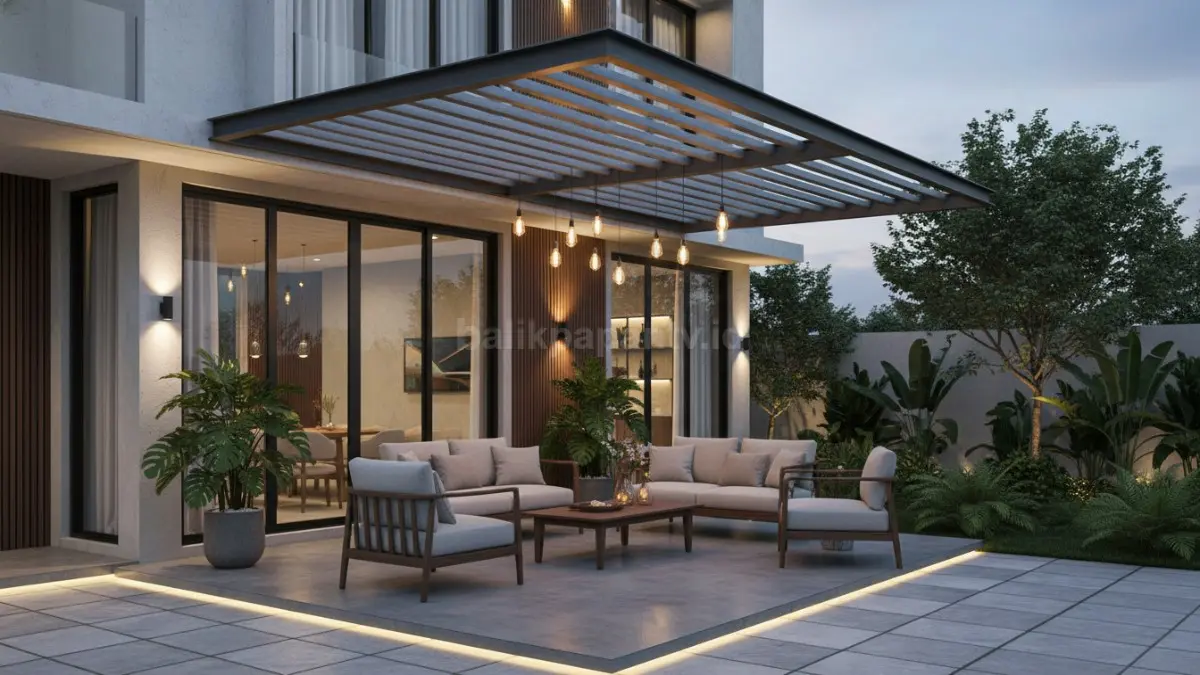 Area duduk outdoor depan rumah dengan lampu hangat dan kanopi buka tutup modern
