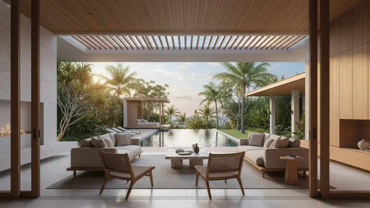 Area ruang tamu semi outdoor villa Bali modern dengan kombinasi kayu alami dan kaca besar. (BTV/Ai)