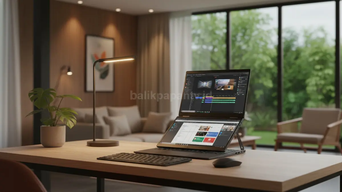 Asus Zenbook Duo 2026 dipakai editing video dan multitasking di meja kerja minimalis (BTV/Ai)