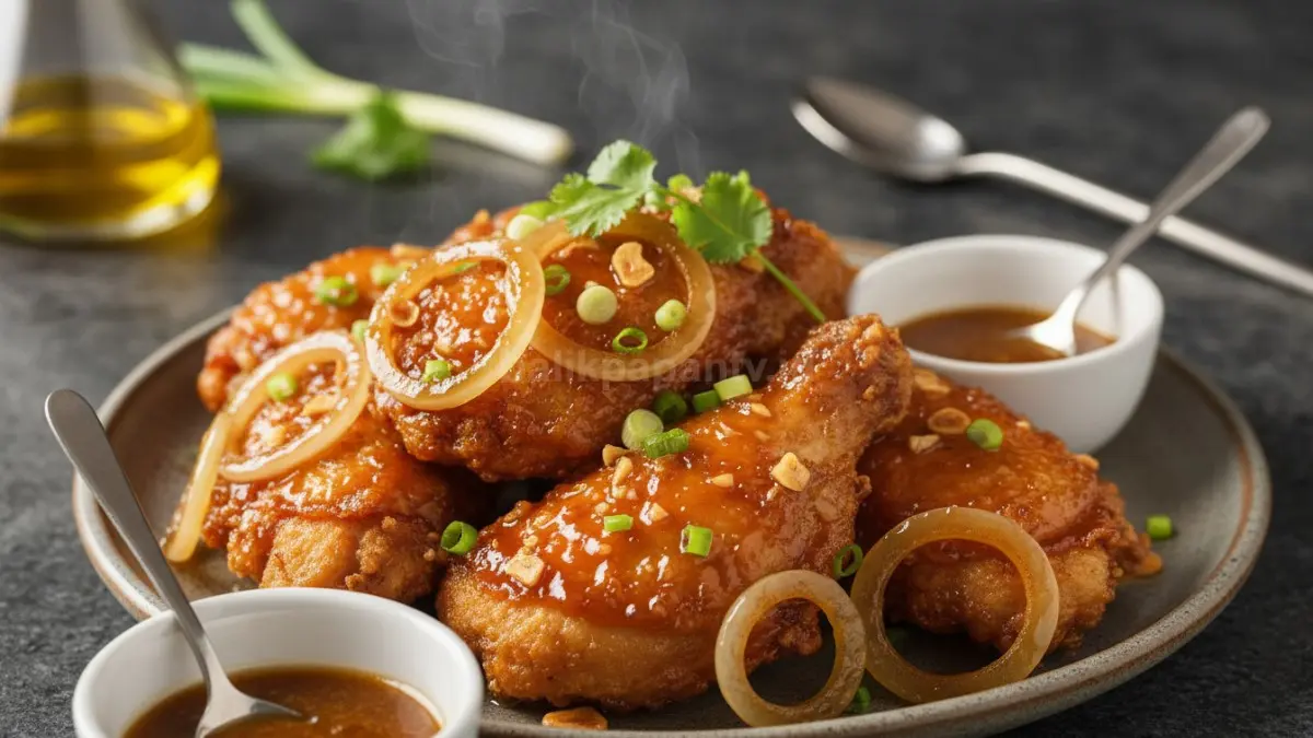 Ayam goreng mentega dengan saus gurih manis dan aroma bawang bombay yang menggugah selera makan.