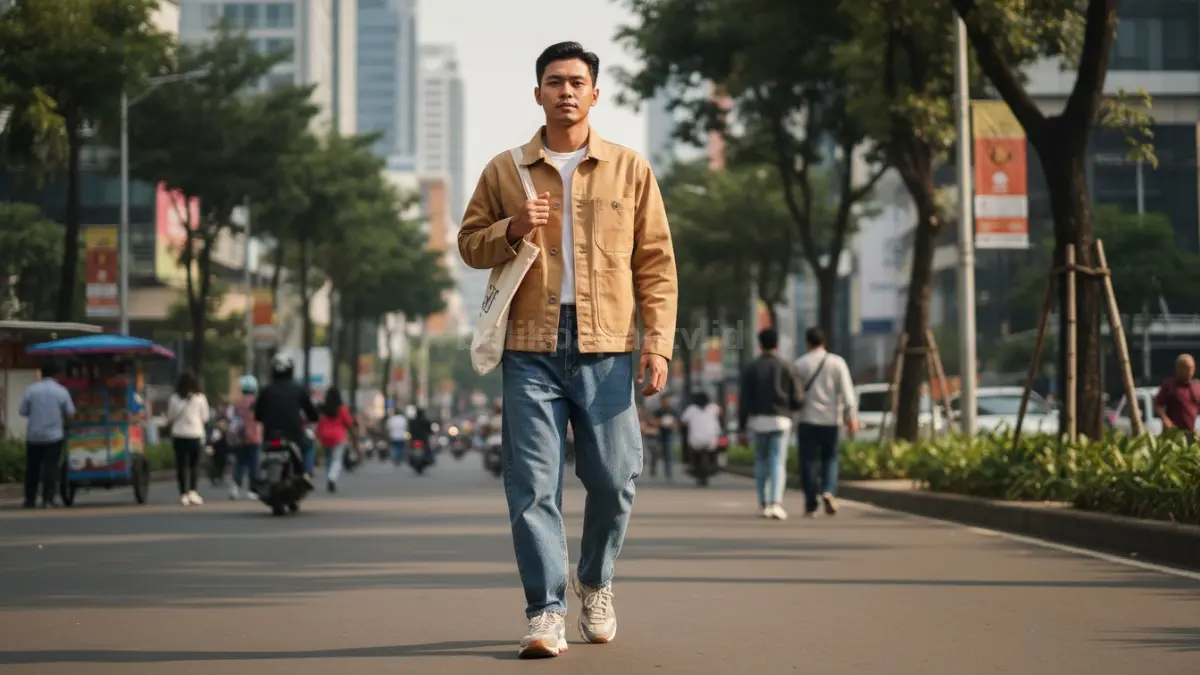 Baggy jeans dan jaket workwear ringan menciptakan tampilan rapi, santai, fleksibel, cocok dipakai aktivitas harian urban. (BTV/AI) 
