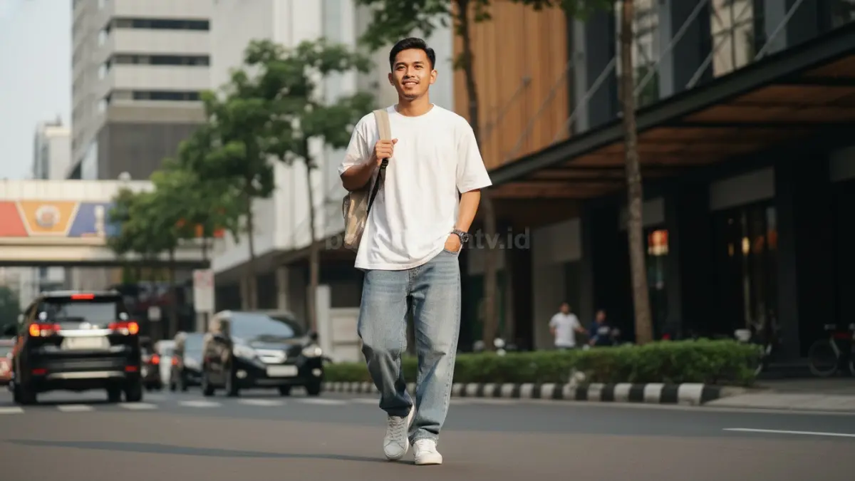 Baggy jeans dan kaos oversized memberi tampilan santai, adem, fleksibel, cocok aktivitas harian urban modern aktif. (BTV/AI) 
