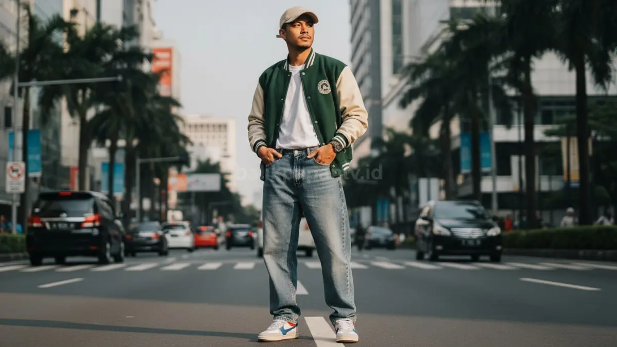 Baggy jeans dan sneakers klasik 90-an membuat outfit santai terlihat proporsional, nyaman, dan tetap stylish modern. (BTV/AI) 
