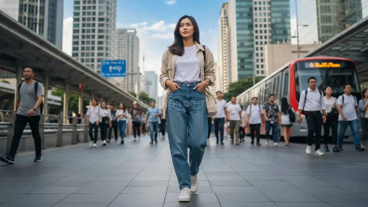 Baggy jeans kembali populer karena nyaman dipakai harian, fleksibel, santai, dan cocok mobilitas urban modern aktif. (BTV/AI) 
