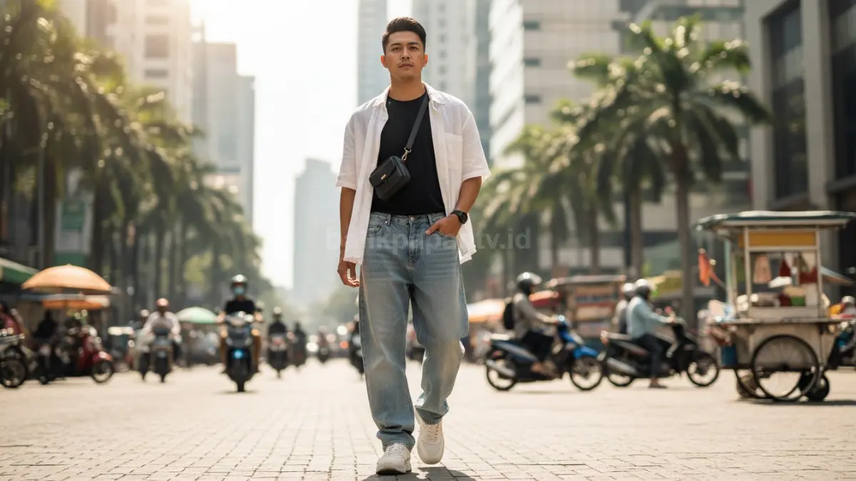 Baggy jeans terasa nyaman dipakai harian karena longgar, adem, fleksibel bergerak, dan cocok cuaca panas perkotaan. (BTV/AI) 
