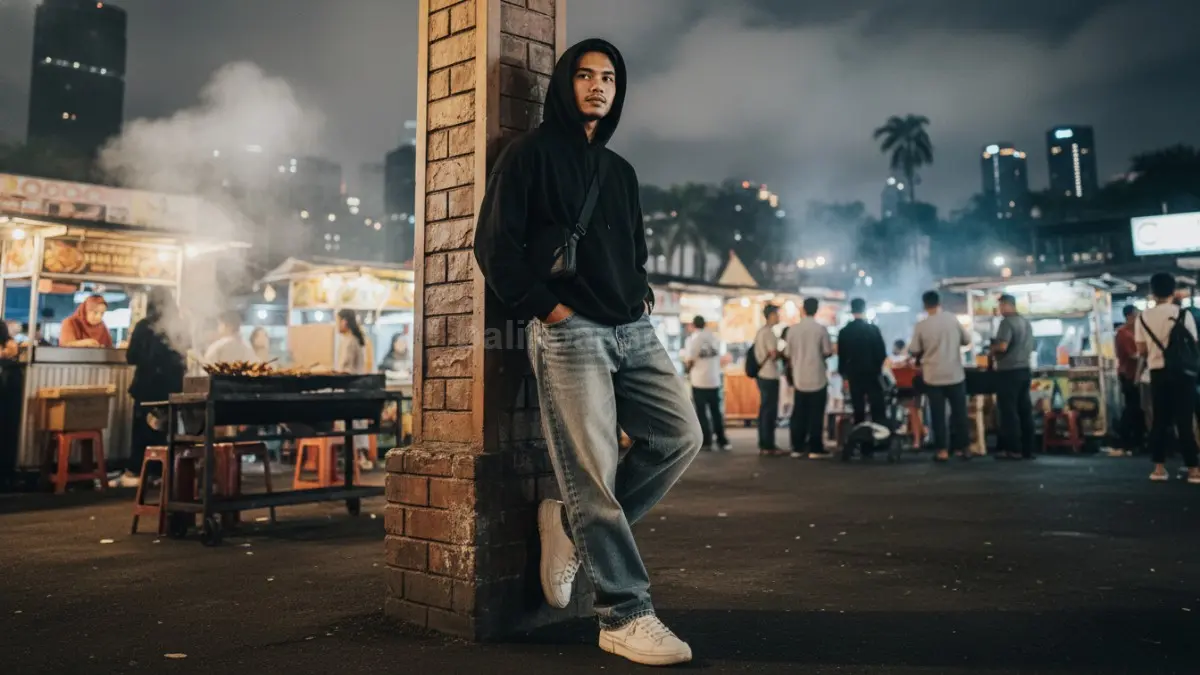 Baggy jeans washed denim dan hoodie tipis memberi tampilan streetwear santai, adem, nyaman, cocok nongkrong malam. (BTV/AI) 
