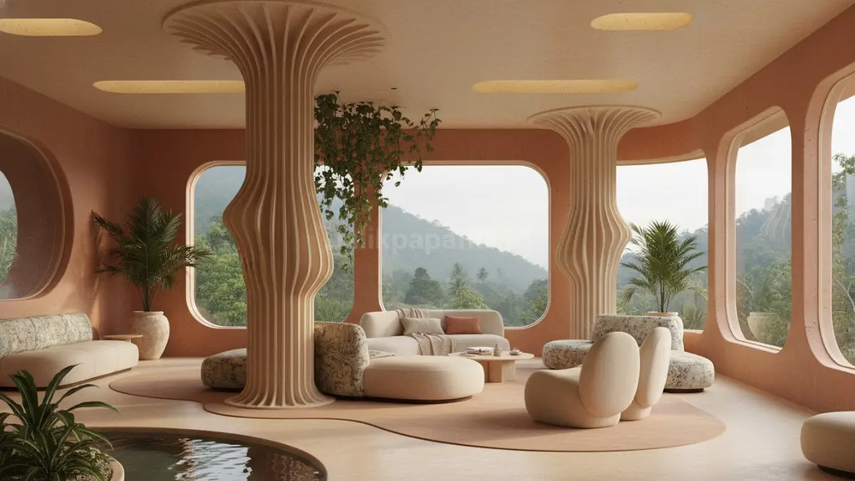 Bentuk biomorphic menghadirkan interior modern bernuansa alam yang terasa hangat, lembut, dan menenangkan mata penghuni. (BTV/AI) 
