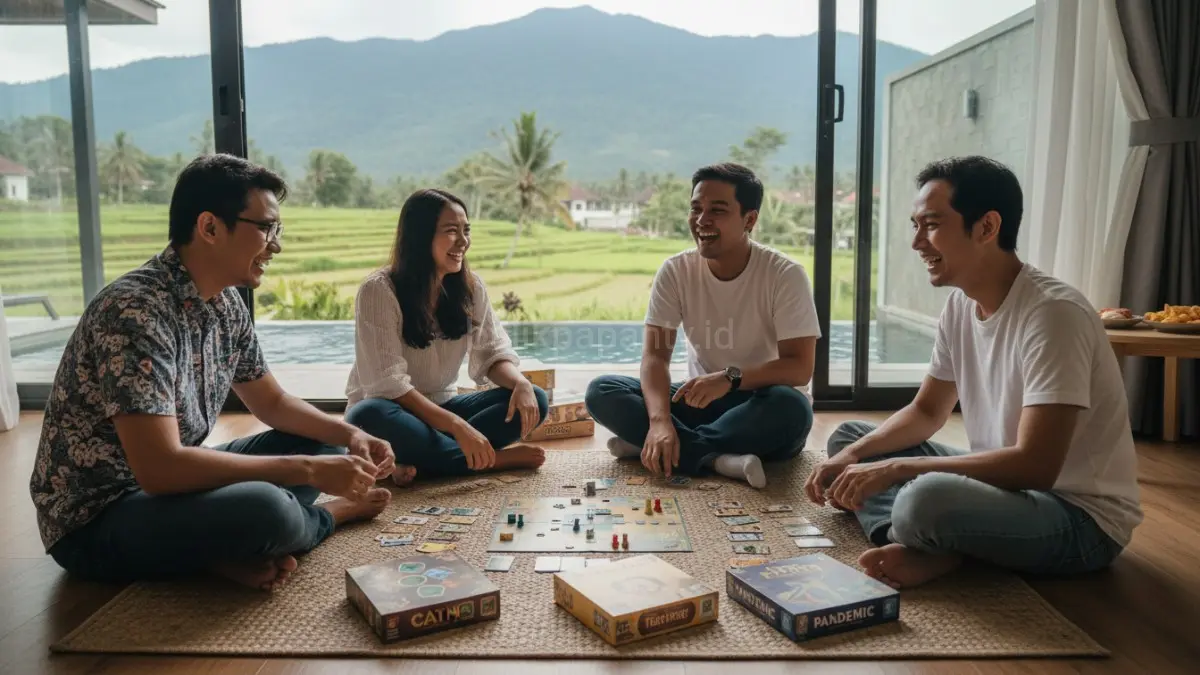 Board game gathering jadi pilihan staycation seru komunitas usia 30-an bersama teman dekat tanpa gadget berlebihan.(BTV/AI) 
