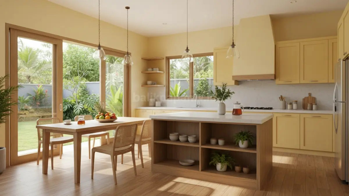 Butter yellow membuat dapur modern terasa hangat, cerah, hidup, dan nyaman dipadukan furnitur kayu terang. (BTV/AI) 
