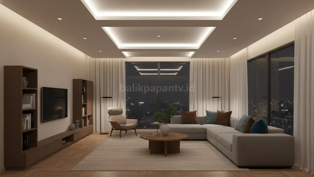 Ceiling ambient lighting warm white pada ruang keluarga minimalis modern dengan suasana nyaman dan futuristik (BTV/Ai)