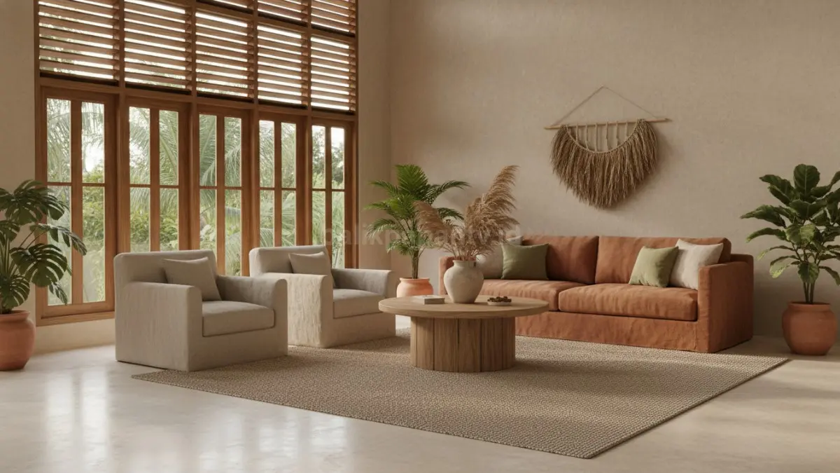 Clay beige dan terracotta membuat rumah tropis terasa hangat, adem, bersih, serta nyaman dipandang setiap hari. (BTV/AI) 
