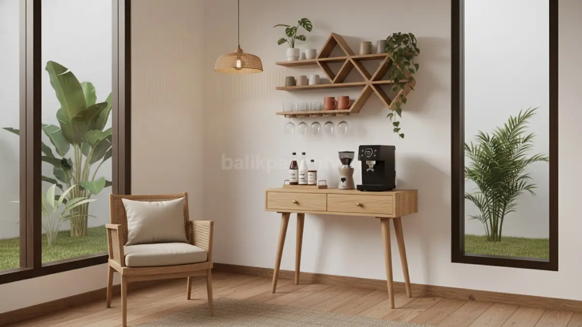 Coffee corner minimalis dengan lampu warm light dan rak mug estetik di sudut rumah modern (BTV/Ai)