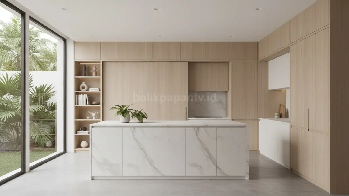 Desain hidden kitchen modern dengan kabinet matte dan interior rumah minimalis rapi. (BTV.Ai)