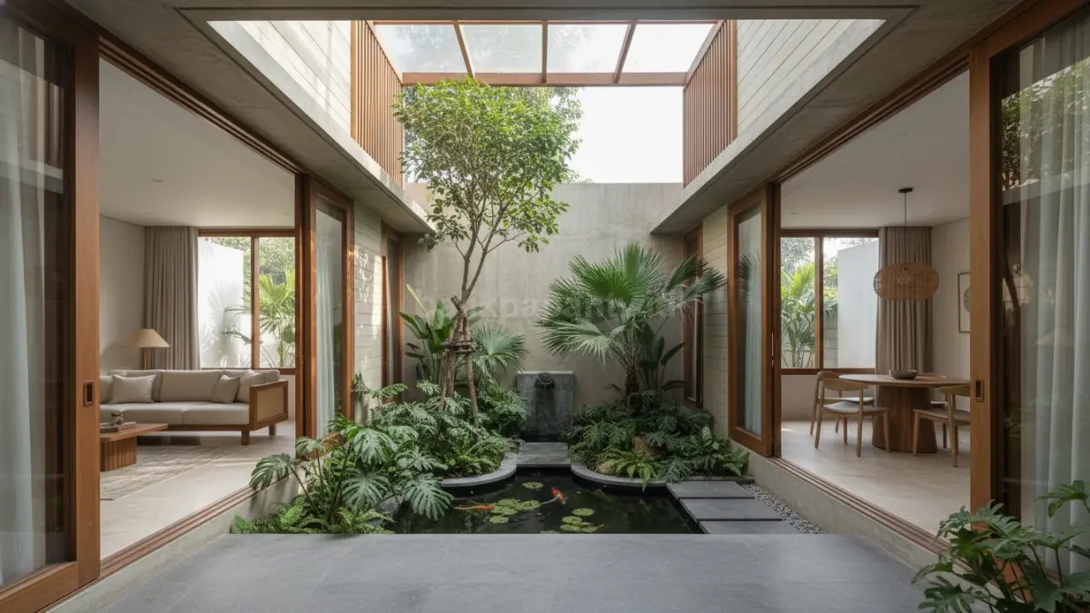 Desain rumah modern dengan open courtyard tropis dan taman tengah yang membuat suasana lebih segar alami. (BTV/Ai)