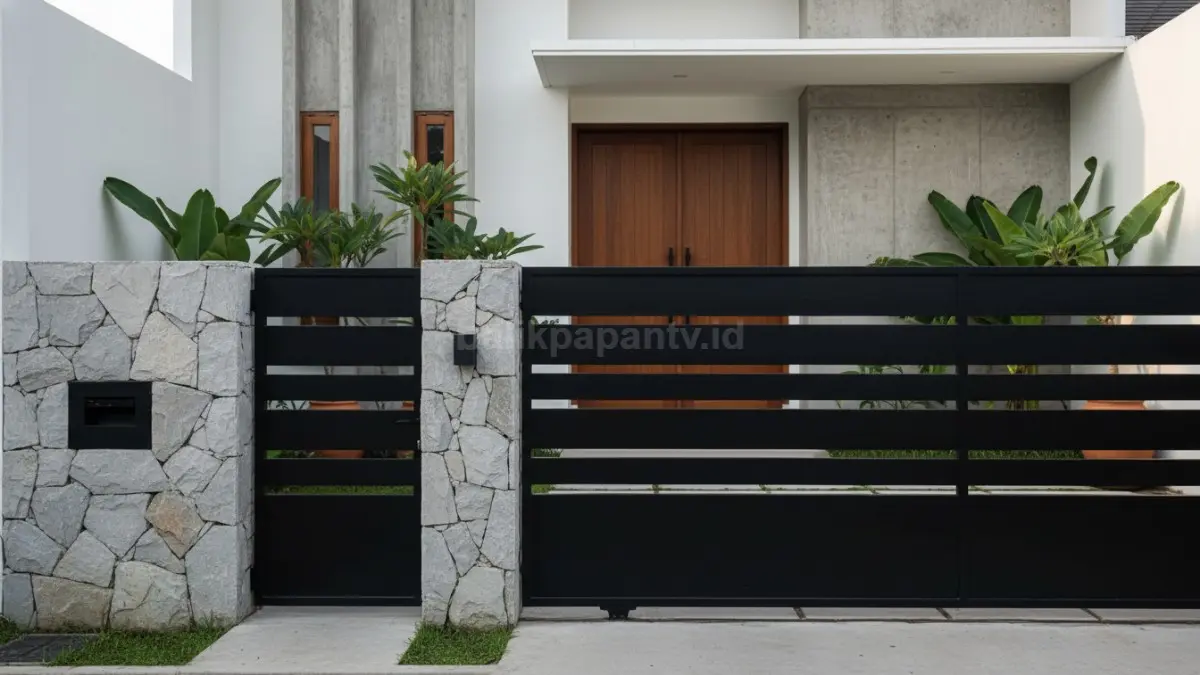 Detail tekstur batu alam dan besi matte pada fasad rumah industrial minimalis modern 2026.. (BTV/Ai)