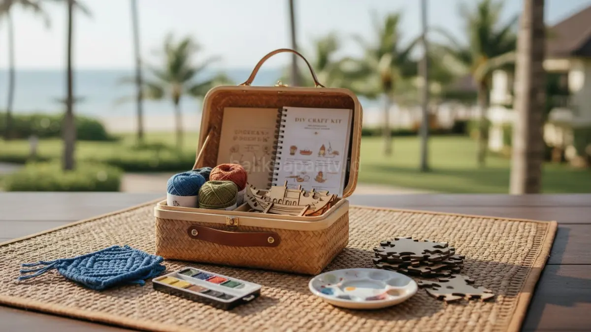 DIY kit portable populer dibawa saat staycation berisi craft ringan seperti benang, cat mini, dan puzzle.(BTV/AI) 
