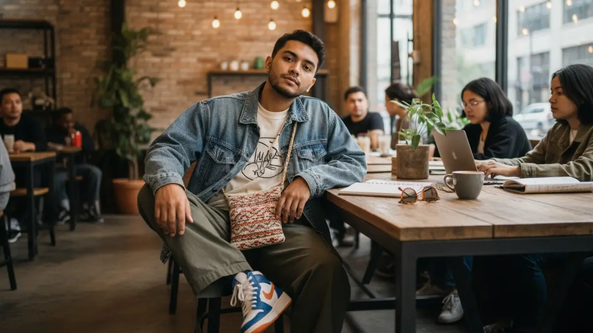 Fashion skena modern 2026 dengan outfit oversized dan sneakers retro di coffee shop urban (BTV/AI) 
