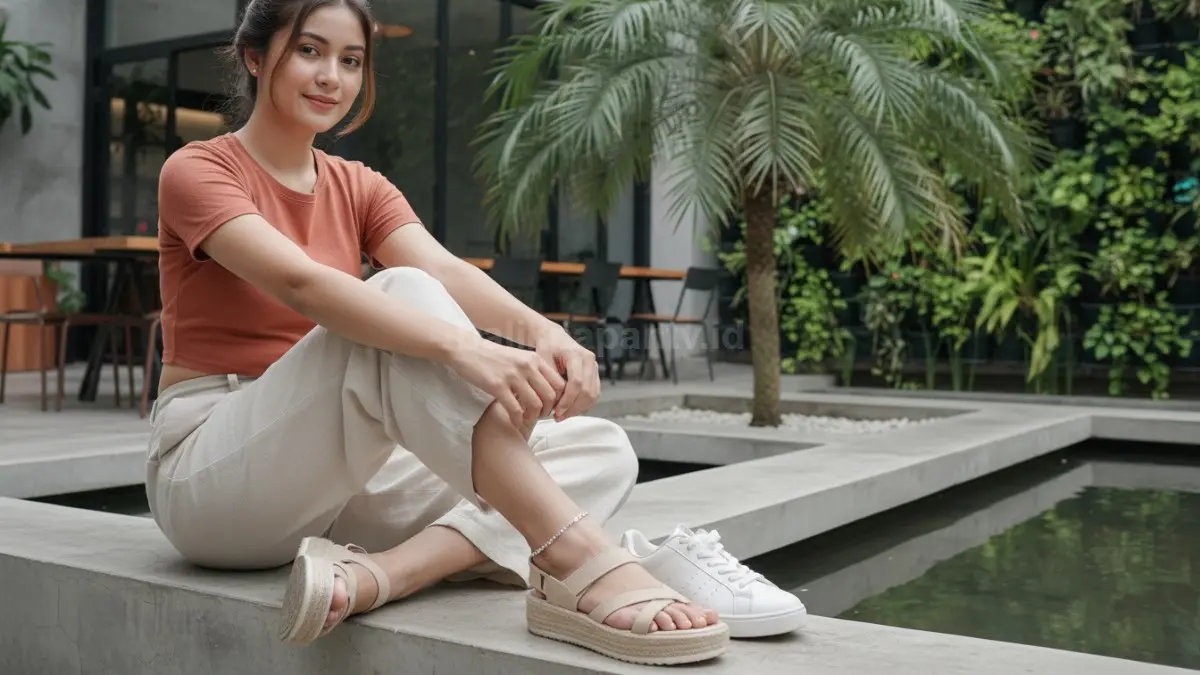 Gelang kaki rantai minimalis dipadukan outfit kasual modern yang sedang populer di kalangan anak muda.