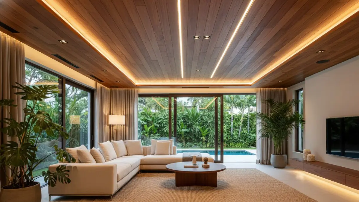 Gunakan lampu warm white 2700K–3000K supaya warna kayu keluar alami dan ruangan terasa nyaman dipandang. (BTV/Ai)