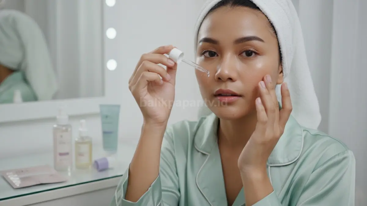 Ilustrasi wanita merawat wajah dengan skincare untuk membantu menyamarkan pori-pori besar secara alami