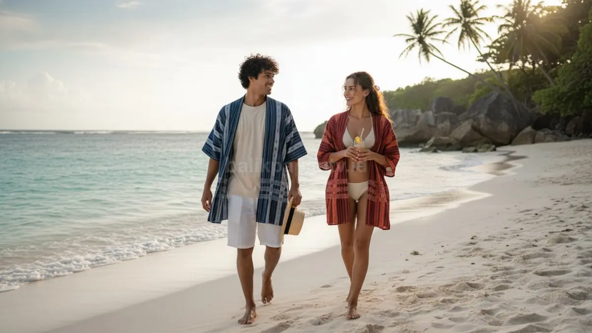 Inspirasi sarung sebagai outerwear santai saat suasana liburan pantai

