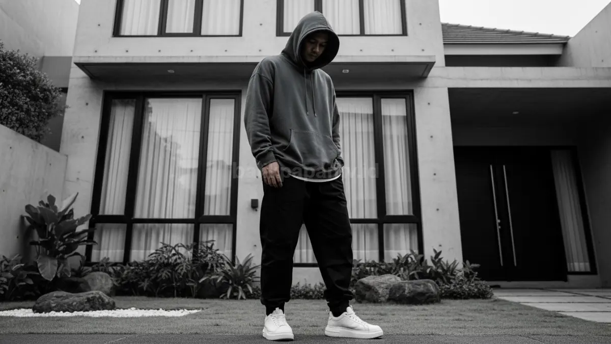 Inspirasi streetwear monochrome dengan hoodie oversized dan sneakers putih
