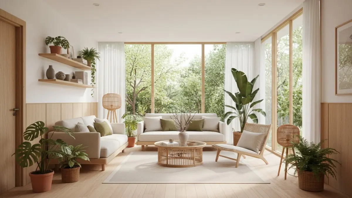 Interior Japandi Tropical dengan kayu terang, rotan, dan cahaya alami di rumah minimalis modern (BTV/Ai)