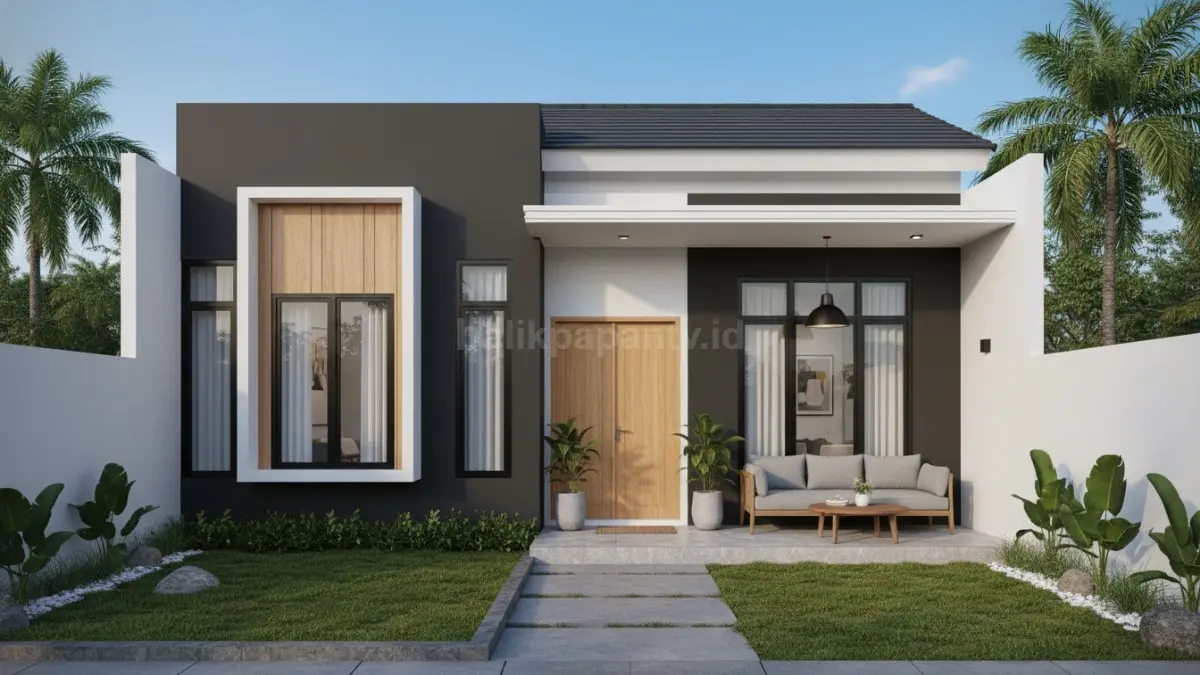 Interior ruang tamu hitam putih dengan sentuhan kayu natural hangat modern. (BTYV/Ai)