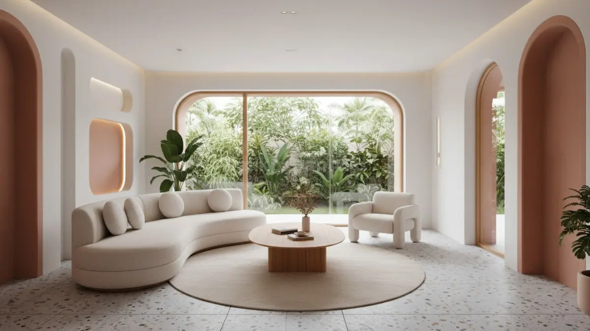 Interior rumah modern 2026 dengan sofa rounded dan bentuk lengkung yang terasa nyaman dipandang (BTV/AI) 
