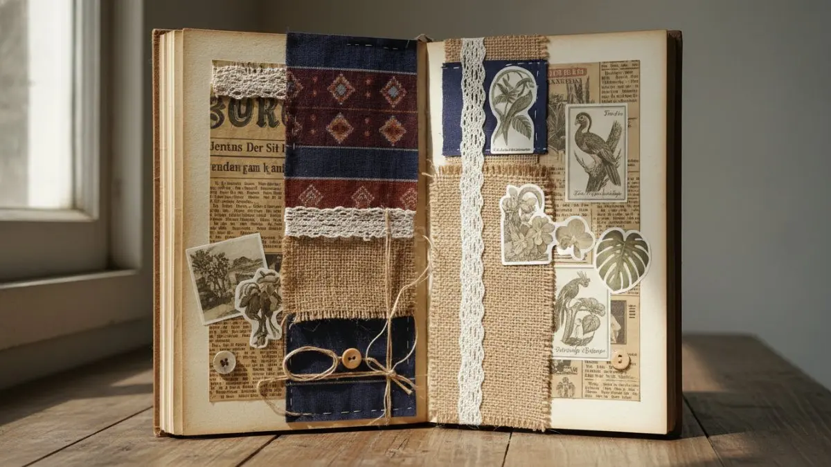 Journaling tekstur dan scrapbook manual populer lewat kombinasi kain, stiker vintage, serta potongan koran personal.(BTV/AI) 
